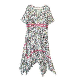 Boden White Floral Handkerchief-Hem Dress with Pink Trim